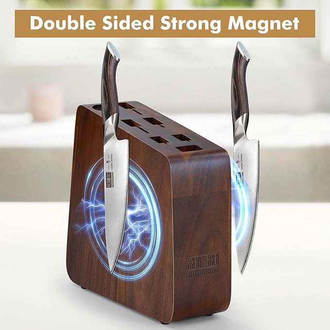 Magnetic Knife Block 10 x 9 Inches, Double Sided Magnetic Knife Holder and Kitchen Knife Organizer Storage, 7 Slots Acacia Wood Universal Knife Block for Chefs-Ruum Studio Home