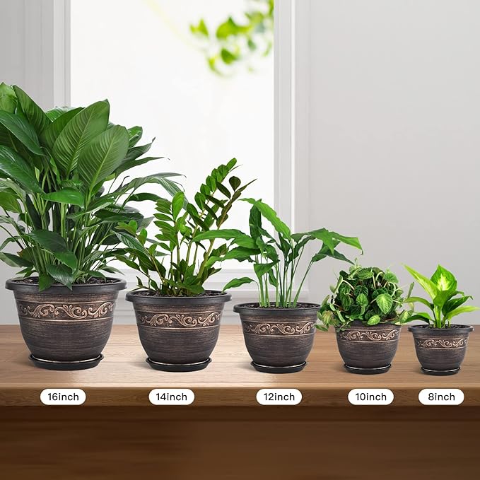 Plastic-Plant-Flower-Planters-16 Inch with Drainage Hole & Saucer, 3 Packs Lightweight Small Resin Flower Pot Indoor Outdoor, Retro Antique Imitation Decorative Garden Containers Sets for Houseplants-Ruum Studio Home