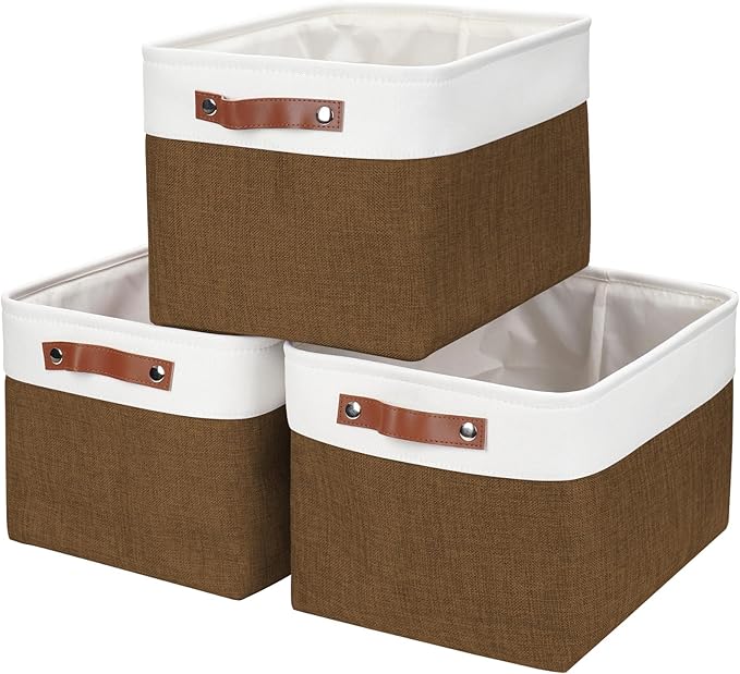 Storage Bins Large Fabric Storage Baskets for Shelves 3 Pack, Decorative Linen Closet Baskets with Handles for Organizing, Shelf, Clothes, Home, Office, 15x11x9.5Inches (Brown&White)-Ruum Studio Home