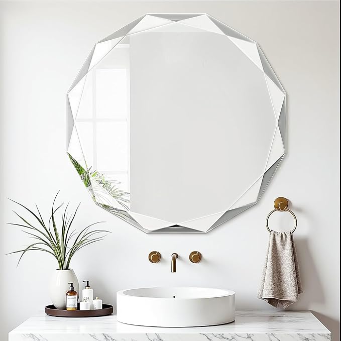 Bathroom Mirror for Wall, 24" x 24" Circle Bathroom Vanity Mirror, Beveled Edge Frameless Wall Mount Vanity Mirror, Decorative Round Irregular Beveled Edge-Ruum Studio Home