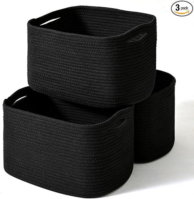 Black Storage Baskets for Organizing Shelves, Toy Basket for Nursery, Woven Cotton Rope Basket for Decor, Towel Baskets for Bathroom, 15"x11"x9.5", 3 Packs, Black-Ruum Studio Home