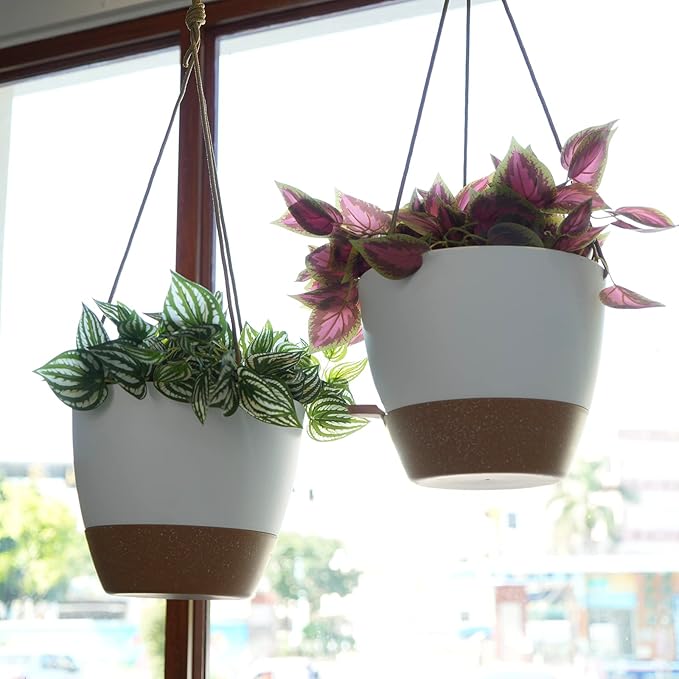 8 inch Hanging Planters, 2 Pack Self Watering Hanging Pots with 20oZ Deep Reservoir for Indoor Outdoor Plants Flowers, White with Brown-Ruum Studio Home
