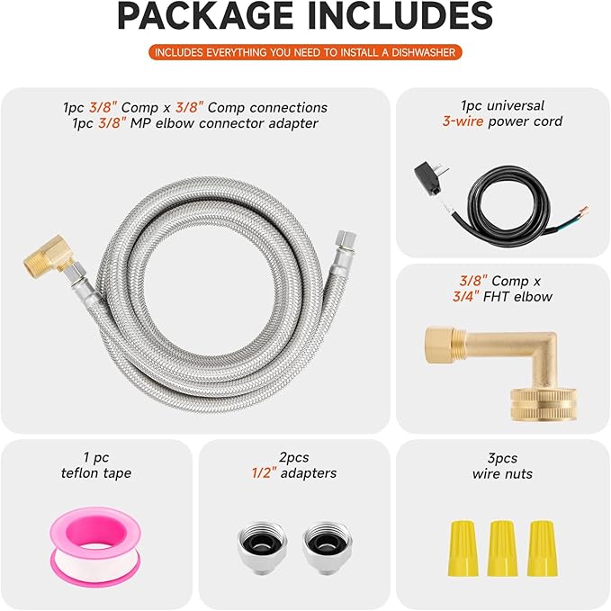 Roastove Universal Dishwasher Installation Kit,6 Ft Stainless Steel Dishwasher Hose,Burst Proof Water Supply Line with 3/8" Compression Connections-Ruum Studio Home