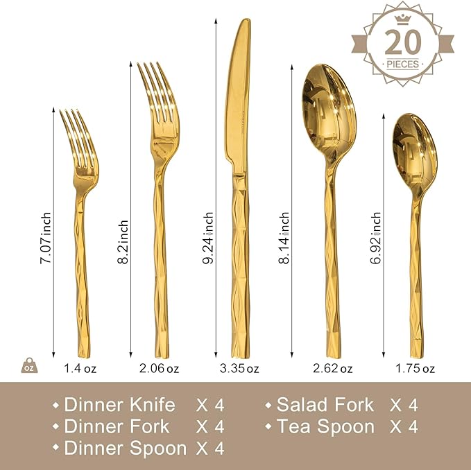 KINGSTONE Gold Silverware Set, Luxury 20 Piece Flatware Set for 4, 18/10 Stainless Steel Cutlery Set with Diamond Cut Pattern for Kitchen, Home, Wedding, Party, Mirror Polished and Dishwasher Safe-Ruum Studio Home