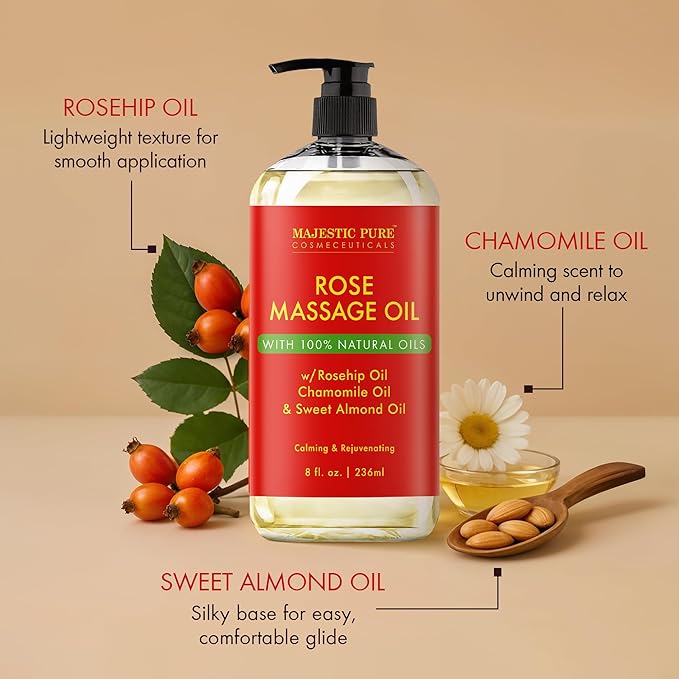 MAJESTIC PURE Rose Massage Oil for Massage Therapy - Refreshing, and Relaxing - Natural Oils - for All Skin Types - Men and Women - 8 fl oz-Ruum Studio Home