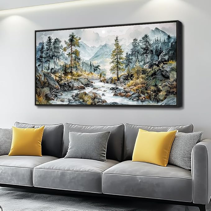 PHAOHUAXM Large Canvas Printing Artworks Wall Art For Bedroom Wall Decor For Living Room Office Home Decor Rivulet View Painting Forest Tree Landscape Watercolour Pictures Black Framed 30x60 In-Ruum Studio Home