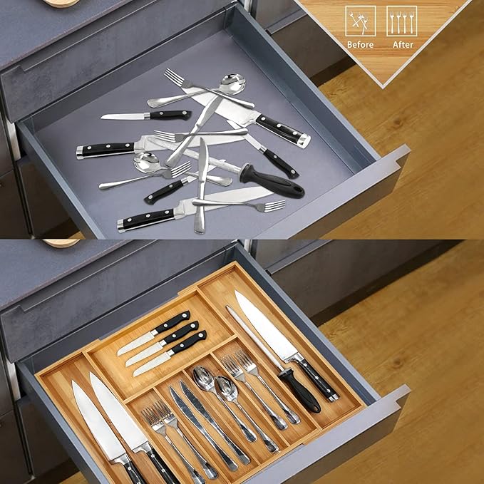VaeFae Premium Bamboo Drawer Organizer, Expandable Silverware Drawer Organizer, Cutlery Tray with Dividers for Kitchen Utensils (Natural, Large)-Ruum Studio Home