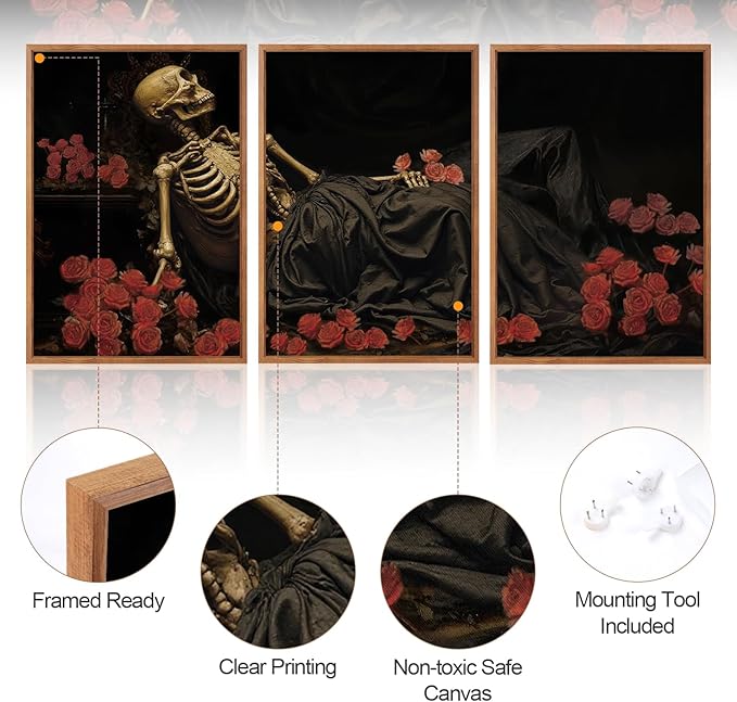 Aurlan Gothic Skeleton Roses Framed Wall Art(16"x24"), 3PCS Romantic Halloween Skull Flowers Canvas Artwork, Dark Moody Goth Mystical Creepy Decor for Home Office Bedroom-Ruum Studio Home