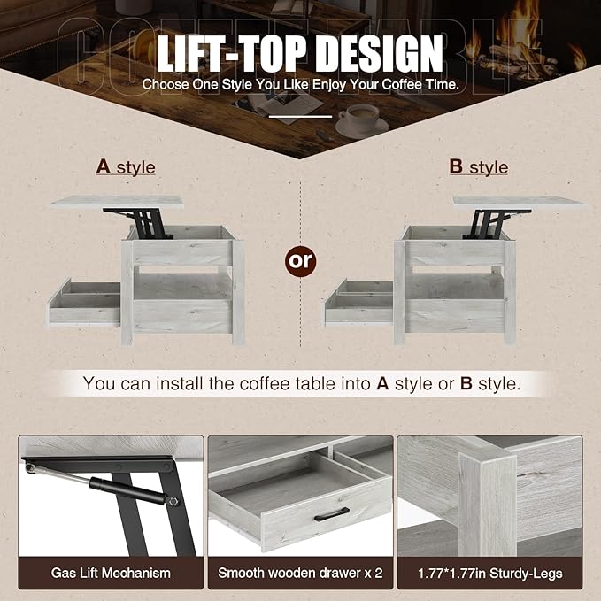 Rolanstar Coffee Table, Lift Top Coffee Table with Drawers and Hidden Compartment, Living Room Table with Wooden Lift Tabletop, for Living Room, Grey-Ruum Studio Home