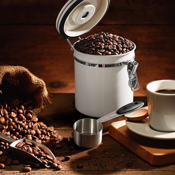 ShanSon Coffee Canister Airtight Coffee Container Stainless Steel Coffee Bean Storage Container with CO2 Release Valve and Scoop Coffee Canister for Beans,Grounds,Sugar,Flour,Tea,Cereal,16OZ,Off-White-Ruum Studio Home