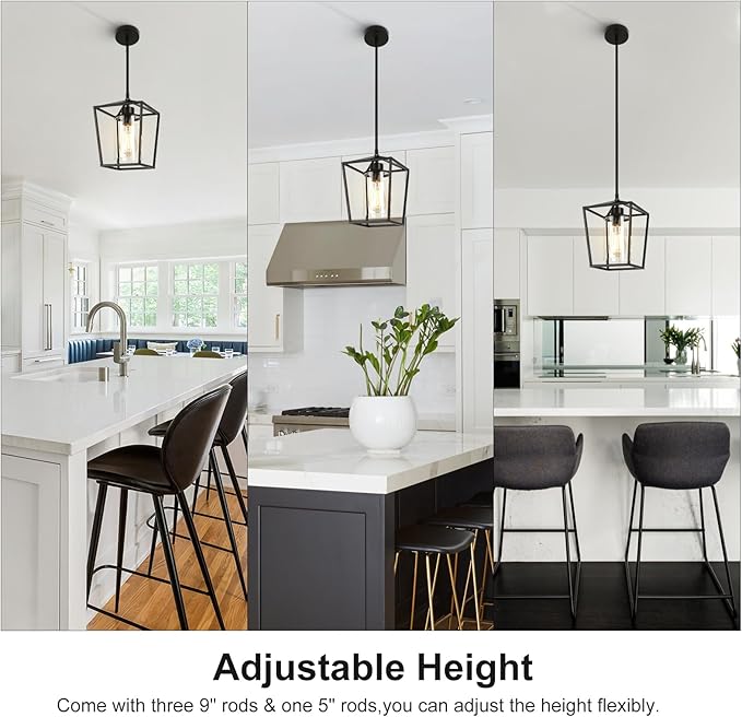 3 Pack Black Pendant Lights for Kitchen Island, 1-Light Farmhouse Metal Pendant Light Cage Kitchen Hanging Light Fixtures with Clear Glass Shade for Dining Room, Entryway, Hallway, Foyer-Ruum Studio Home