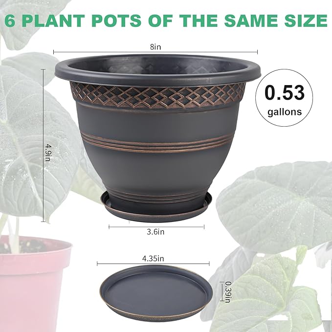 6 Pack 8 Inch Plant Pots, Plastic Flower Pot for Indoor & Outdoor with Drainage Holes & Saucer, Plaid Pattern Planters Garden Pots for Herbs-Ruum Studio Home