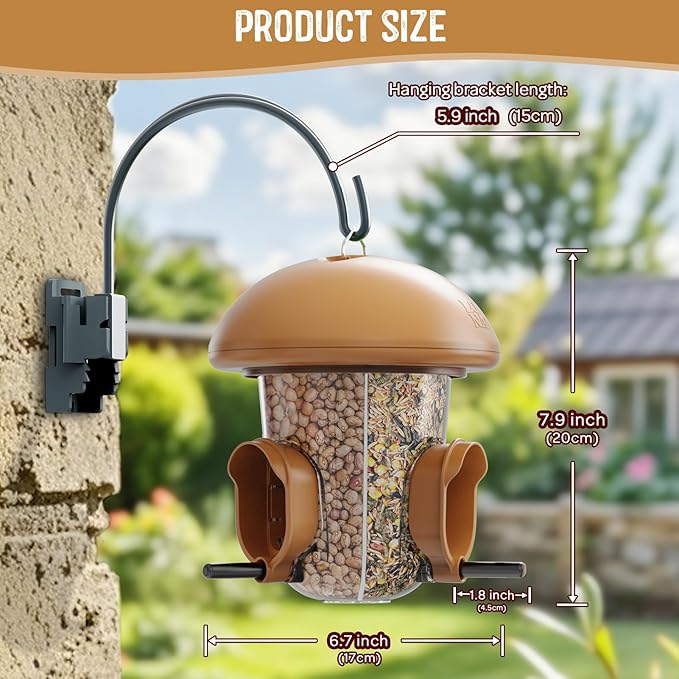 LONA Bird Feeders for Outdoors Hanging – 3 Separate Compartments, 3 Feeding Ports, Weatherproof Dome & 3 Ways to Hang, Large Capacity for Cardinals/Finches (Brown-Ruum Studio Home