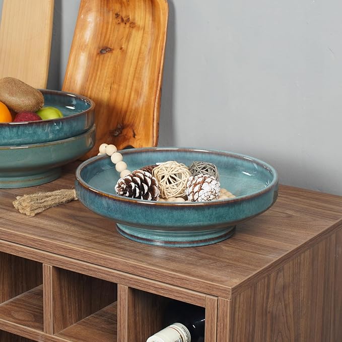 Ceramic Fruit Bowl for Kitchen Counter,Decorative Pedestal Bowl for Table Countertop,Large Footed Serving Bowl,10.2 Inch (Blue)-Ruum Studio Home