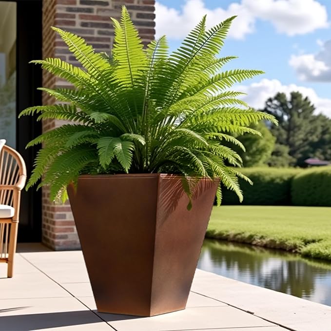 Worth Garden 14" Dia x 18" H Large Metal Floor Planter Set of 2, Matte Bronze Retro Finish Tall Square Tapered Steel Plant Pots, Decor Flower Pot Indoor & Outdoor, Drainage Hole-Ruum Studio Home