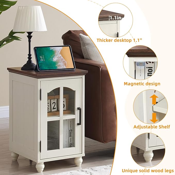 Narrow Side Table,Farmhouse Nightstand with Charging Station,Wood End Table with Glass Barn Door Storage, Cabinet Organizer with Adjustable Shelf, Night Stand for Small Spaces for Living Room Bedroom-Ruum Studio Home