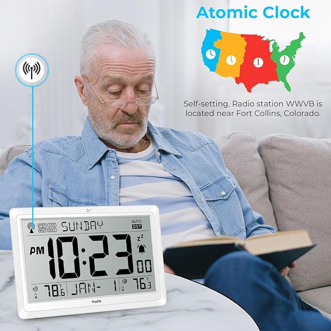 Wall Clock Atomic with Indoor Outdoor Temperature Battery Powered, Easy Reading with 10.5 Inch Large LCD Display, 330FT Range Table Wall Clock with DST, 12/24 Hour for Living Room Kitchen (White)-Ruum Studio Home