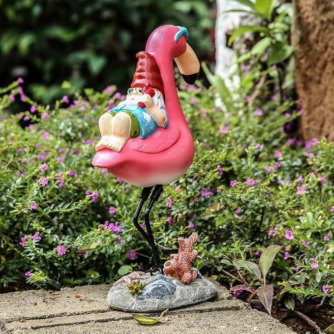 Gnome Garden Statue Funny Gnome Reclining on Flamingo Dwarf Figurines Resin Garden Gnomes Fall Decorations Outdoor for Patio Yard Lawn Porch Housewarming Ornament Gift-Ruum Studio Home