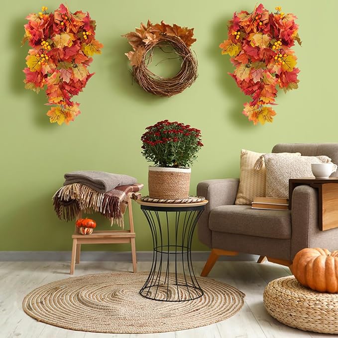 RECUTMS Fall Leaves Hanging Plant Artificial Fall Leaves Garland with Berry Fake Autumn Wall Hanging Leaf Vines for Home Halloween Party Door Frame Fireplace Decoration(Orange with Berry)-Ruum Studio Home