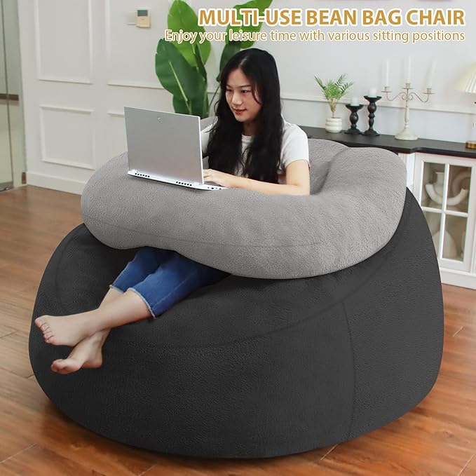 HABUTWAY Bean Bag Chair with U-shaped Pillow for Adult and Kids Big BeanBag Chair with Filling Ultra Soft Faux Fur Couch Chair with Washable Cover for Living Room Bedroom Office, Dark Grey& Light Grey-Ruum Studio Home