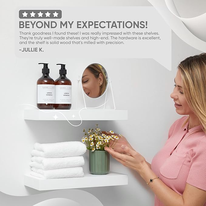 Homeforia White Floating Shelves 16 inch, High End Solid Real Wood 16inch Bathroom Floating Shelf for Wall Mounted, White Wooden 16 Floating Shelves, Heavy Duty Bracket, 16 X 6.5 X 1.75 inch, Set of 3-Ruum Studio Home