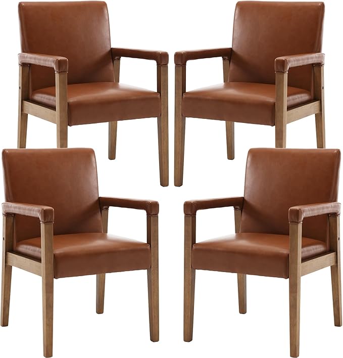 Mid Century Modern Dining Chairs Set of 4 Faux Leather Upholstered Living Room Side Chair, Kitchen Arm Chair with Solid Wood Legs for Home Kitchen & Restaurant, PU Brown-Ruum Studio Home