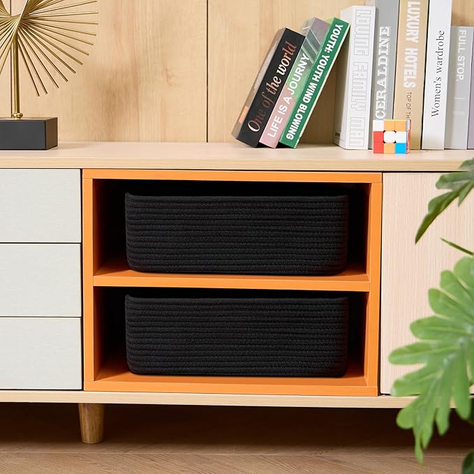 Large Shallow Organizing Baskets 15x11x5.1 Inches - Rope Woven Storage Bins for Bathroom, Shelves, Cube Closet, Black 2 Packs-Ruum Studio Home