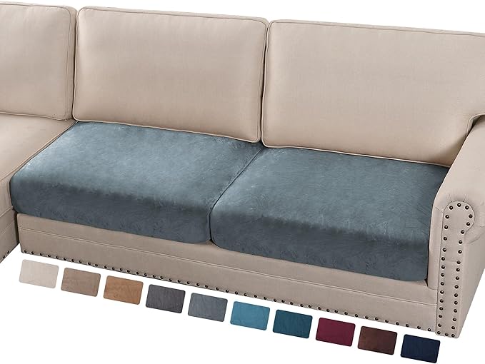 PrinceDeco Velvet Couch Cushion Cover Soft Stretch Cushion Slipcover for Chair Loveseat Sofa Cushion Furniture Protector Seat Cushion Sofa Cover (2 Piece Large Sofa Cushion Covers, Stone Blue)-Ruum Studio Home
