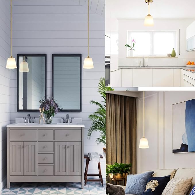 Modern Gold Pendant Light 3 Pack Brushed Brass Mid Century Chandelier White Cylinder Glass Shades Adjustable Rods Farmhouse Ceiling Hanging Lighting Fixture Kitchen Island Dining Room Bedroom-Ruum Studio Home