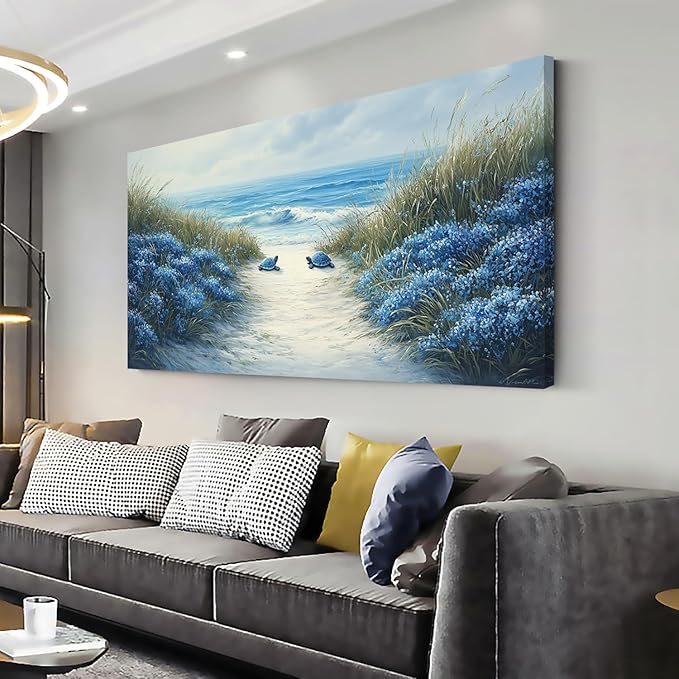 LASMOND Romantic Beach Wall Art for Living Room Blue Sea Turtle Lovers Canvas Painting Prints Ocean Sandy Romance Flowers Large Bedroom Office Decor Artwork (58x28 Inches)-Ruum Studio Home