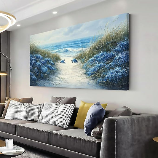 LASMOND Romantic Beach Wall Art for Living Room Blue Sea Turtle Lovers Canvas Painting Prints Ocean Sandy Romance Flowers Large Bedroom Office Decor Artwork (58x28 Inches)-Ruum Studio Home