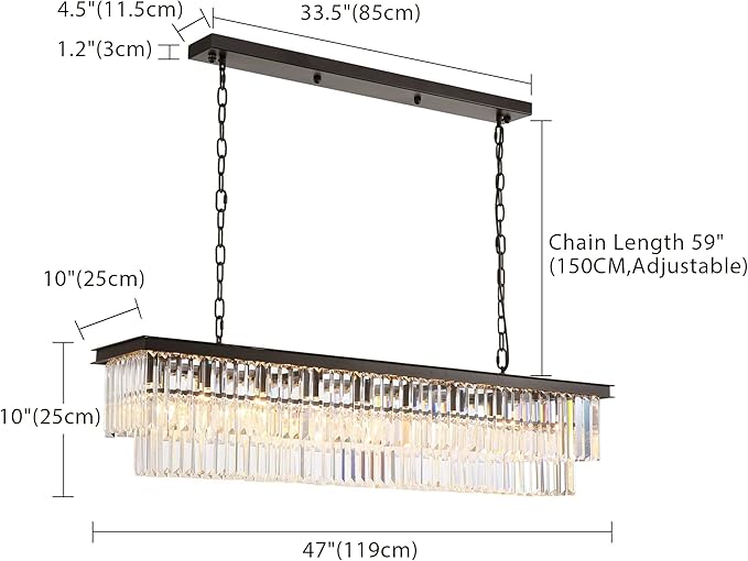 Rectangle Crystal Chandelier Black Modern Linear Chandelier Contemporary Pendant Light Fixture 8-Light Hanging Ceiling Light for Dining Room Living Room Kitchen Bedroom Foyer 47''-Ruum Studio Home