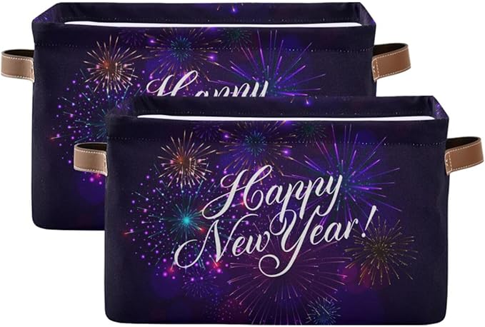 Storage Basket Happy New Year Cube Storage Bins Organizer Bag Collapsible Closet Shelf Baskets with handle for Baby Cloth Pet Toy Book 14.2×10.2×8.3 IN-Ruum Studio Home