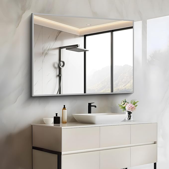 30x40In Silver Bathroom Mirror for Wall, Brushed Nickel Rectangle Mirrors with Metal Frame, Bathroom Rectangular Mirror Modern Wall Mirror for Bedroom Living Room, Hangs Horizontal or Vertical-Ruum Studio Home