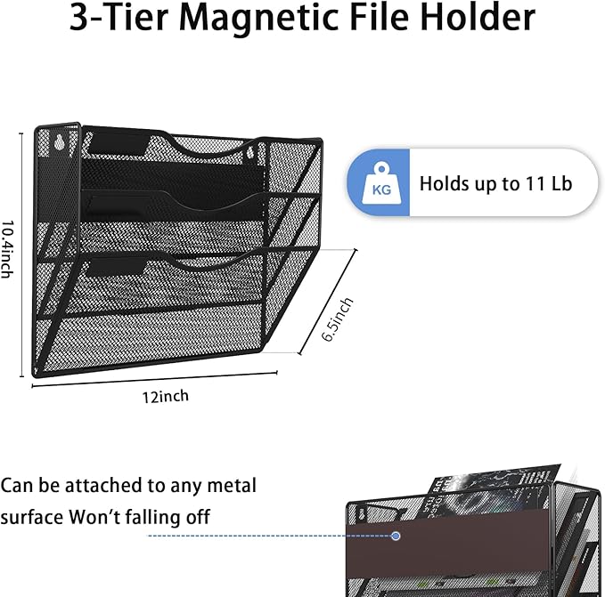 3-Tier Magnetic File Holder, No Drilling Installation File Cabinet Organizer, Black Magnetic File Organizer, Magazine Rack, Magnetic Paper Holder for Refrigerator, File Cabinets, Whiteboard-Ruum Studio Home