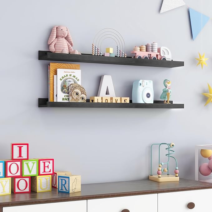 Picture Ledge Shelf for Wall, 36 inch Solid Pine Wood Nursery Book Shelves 2 Packs, Floating Ledge Shelves for Kids' Room Bedroom Bathroom Living Room Photo Frames Office Nursey Wall Decor, Black-Ruum Studio Home