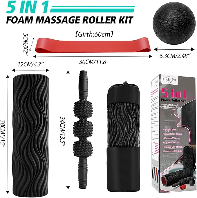5-in-1 Foam Roller Set, Massage Roller Stick, Massage Ball, Resistance Band for Deep Muscle Massage, Trigger Point Release, Pilates, Yoga (Black-Wave)-Ruum Studio Home