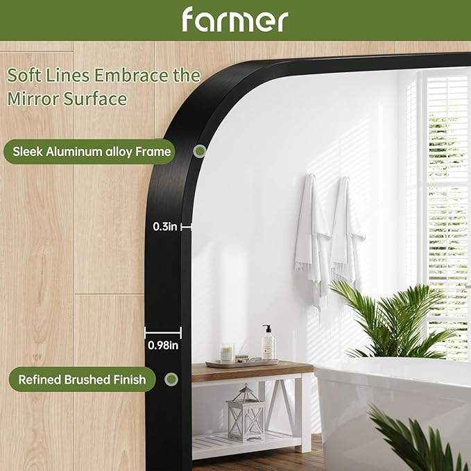 FARMER 20x28 Inch Black Bathroom Mirror, Rectangle Vanity Mirror, Brushed Mirrors for Wall, Metal Frame Hanging Mirror with Round Corner for Bedrooms, Entryways, Living Rooms, Horizontal/Vertical-Ruum Studio Home
