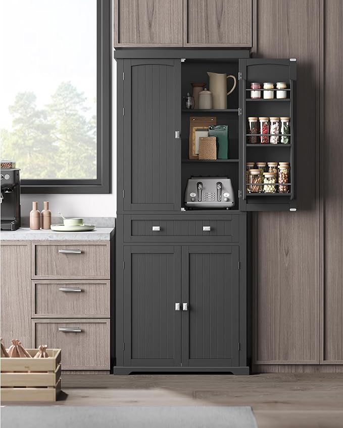 VASAGLE Pantry Cabinet, 71.7-Inch High Freestanding Tall Cupboard Storage Cabinet with a Drawer, 2 Cabinets, 4 Adjustable Shelves, 6 Door Shelves, for Living Room, Kitchen, Ink Black UBBC561B12-Ruum Studio Home