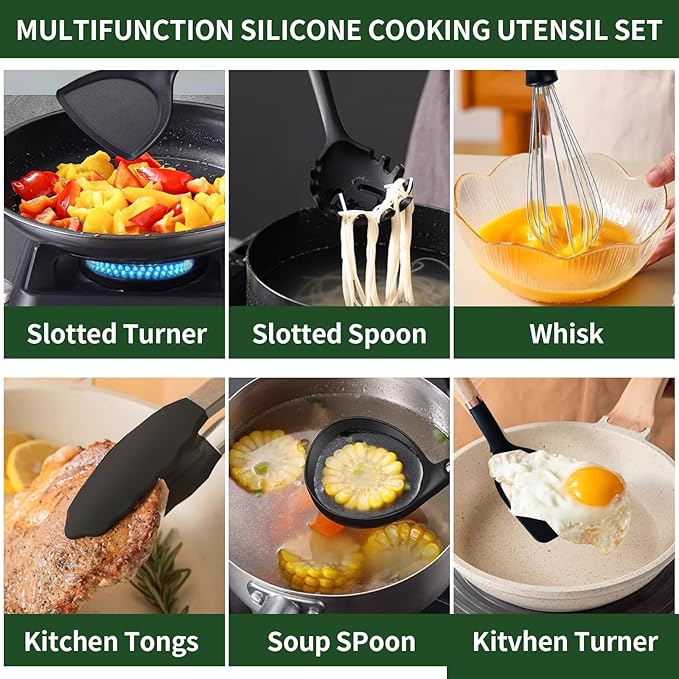 13-Piece silicone utensil set wood handle nonstick cookware safe dishwasher safe kitchen tools BPA free heat resistant (450°F/230°C) ceramic pan safe cooking gifts housewarming (Black)-Ruum Studio Home