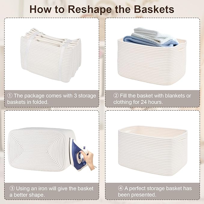 3-Pack Shelf Baskets for Organizing, Woven Storage Basket for Shelves, Cotton Rope Storage Bins for Toys Books, Nursery Towel Baskets for Classroom, 14.96"X9.8"X8.85", White-Ruum Studio Home