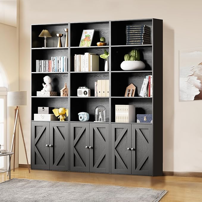 Tall Wooden Bookshelf with Cabinet and Doors – 70.86” Freestanding Tall Bookcase for Heavy Books, Living Room Storage, Home Office Shelf, Bedroom Organization – Vintage Black Wood Book Shelf-Ruum Studio Home