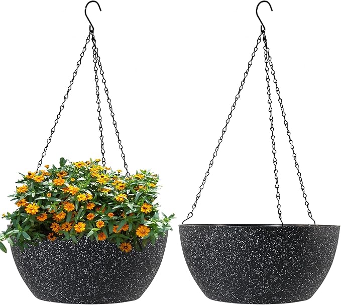 13 inch Large Hanging Planters Plant Pots for Outdoor Indoor Plants with Drainage Holes and Chain, 2 Pack Round Hanging Flower Pots for Garden Home Porch Decor, Speckled Black-Ruum Studio Home