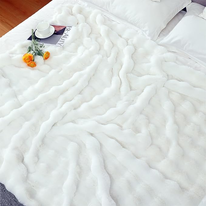 RYNGHIPY Faux Fur Throw Blanket Double Sided Thick and Warm Plush Fluffy Faux Rabbit Fur Decoration for Couch Sofa Chair and Bed Cream Winter Blanket (Ivory, 51''x63'')-Ruum Studio Home