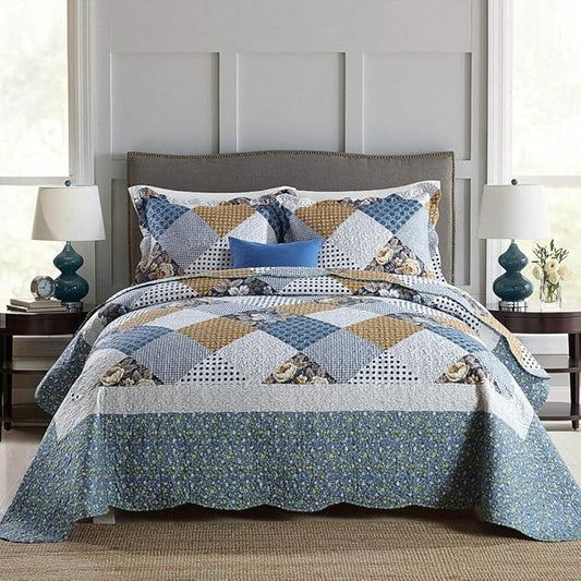 NEWLAKE Quilt Bedspread Sets-Checkered Floral Reversible Coverlet Set,Queen Size-Ruum Studio Home