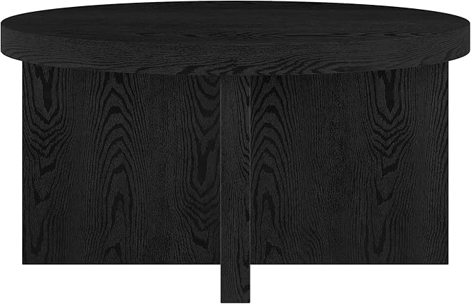 Henn&Hart 33" Round Wood Pedestal Low-Profile Coffee Table for Living Room, Family Room, Office or Apartment, Black Grain-Ruum Studio Home