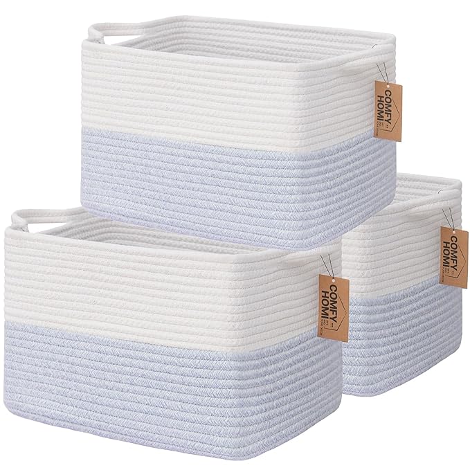 COMFY-HOMI 3PACK Cotton Rope Square Baske with Handles for Shelves|Dog Toy Baske Bin and Storage|Baby Baske for Gift|Shoe Baske for Organizing|13.5" x 11" x 9.5" for Living Room（White/Blue）-Ruum Studio Home