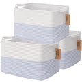 COMFY-HOMI 3PACK Cotton Rope Square Baske with Handles for Shelves|Dog Toy Baske Bin and Storage|Baby Baske for Gift|Shoe Baske for Organizing|13.5" x 11" x 9.5" for Living Room（White/Blue）-Ruum Studio Home