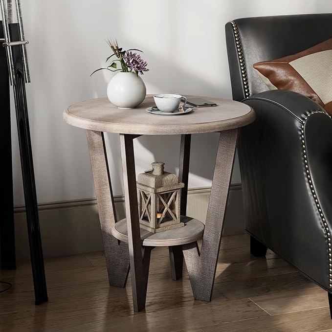 Rustic Farmhouse end Table with Storage Shelf, French Country Accent Side Table for Family, Dinning or Living Room, Small Spaces, Modern, Round, Vintage Grey Finish-Ruum Studio Home