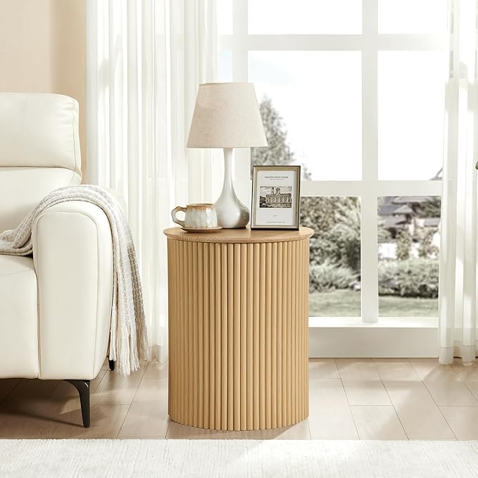 AVZEAR Fluted Round Side Table, Small End Table Modern Boho Nightstands, Circle Bedside Tables Bohemian Accent Table Wood Night Stand for Small Spaces, Living Room, Bedroom(Natural)-Ruum Studio Home
